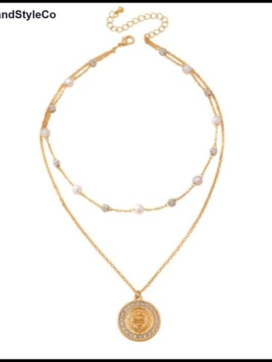 Jewelry - Layered Faux Pearl Rhinestone Lion Head Coin Pendant Necklace